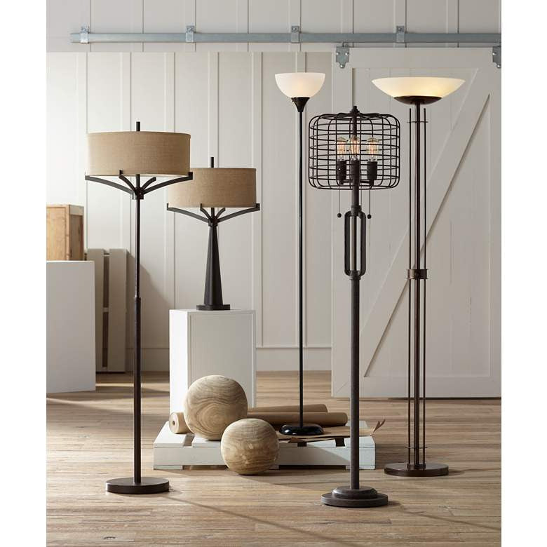 Lamps Plus Franklin Iron Works Tremont 62" 2-Light Floor Lamp with Burlap Shade