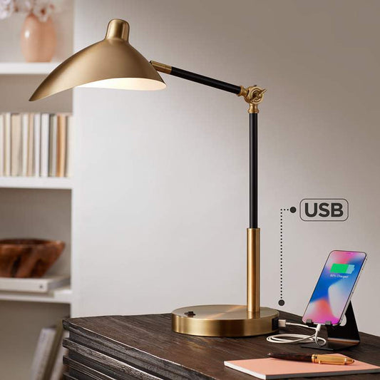 Lamps Plus 360 Lighting Colborne 28" Black Gold Mid-Century Modern USB Desk Lamp