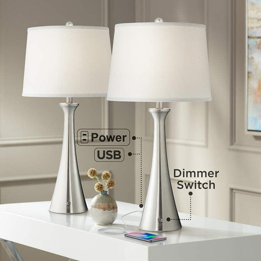 Lamps Plus 360 Lighting Karl Brushed Nickel USB Lamps Set of 2 with Full Range Dimmers