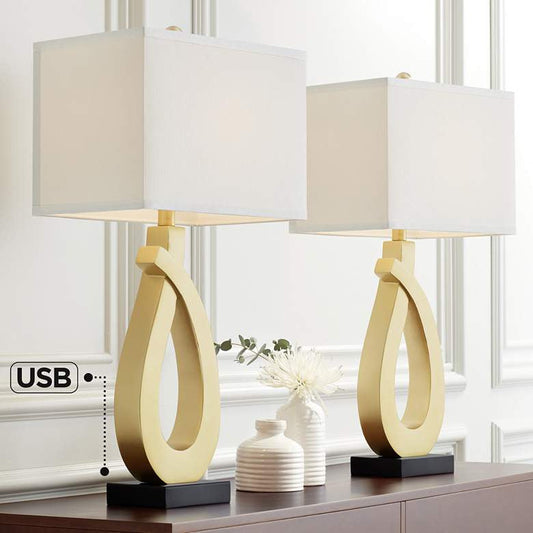 Lamps Plus 360 Lighting Simone 28" Gold Loop Table Lamps Set of 2 with USB Ports