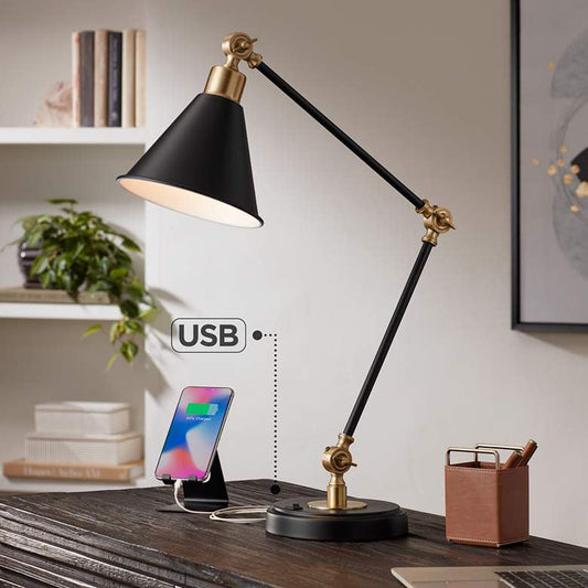 Lamps Plus 360 Lighting Wray Black Antique Brass Adjustable USB Desk Lamp