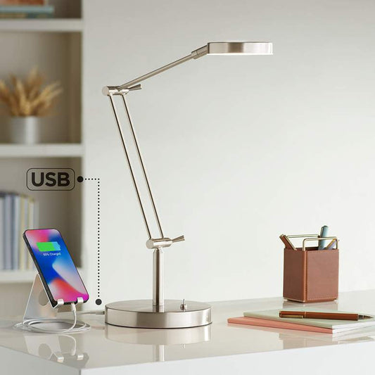 Lamps Plus 360 Lighting Xenos Satin Nickel Adjustable Modern LED USB Desk Lamp