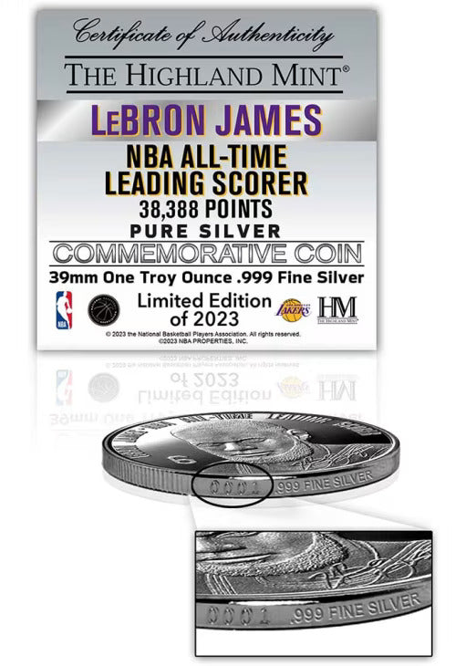 Los Angeles Lakers Lebron James All-Time Scoring Record Pure Silver Collectible Coin