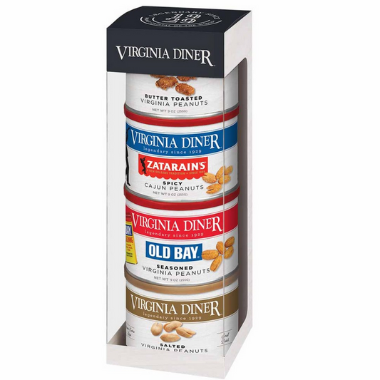 Virginia Diner Tower of Traditions Peanut Gift Set- Salted, Zatarain's Spicy Cajun, Butter Toasted, Old Bay