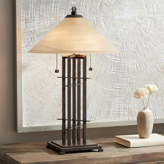 Lamps Plus Franklin Iron Works Bronze Planes 'n' Posts Art Glass Table Lamp