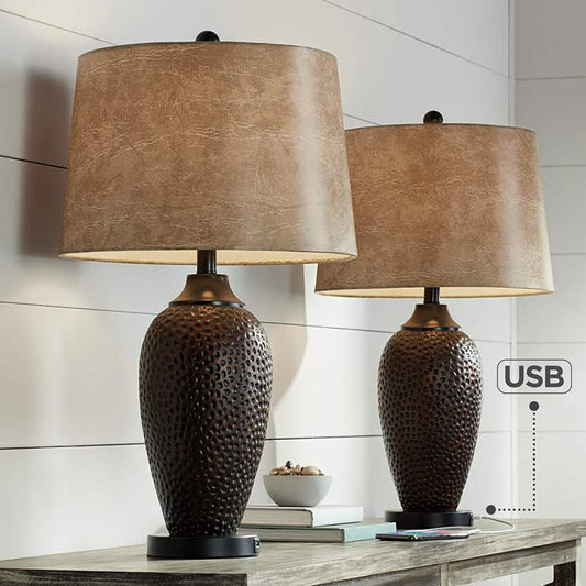 Lamps Plus Franklin Iron Works Kaly 25" Hammered Bronze USB Table Lamps Set of 2