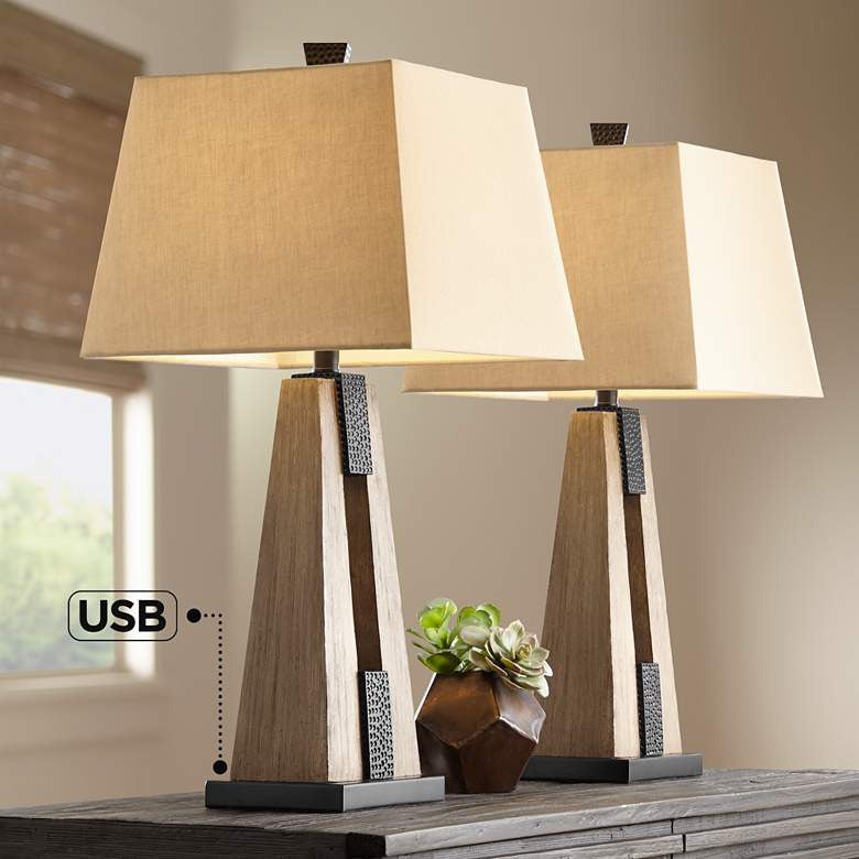 Lamps Plus John Timberland Mitchell 27" Rustic Column USB Table Lamps Set of 2