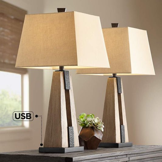 Lamps Plus John Timberland Mitchell 27" Rustic Column USB Table Lamps Set of 2