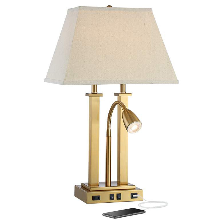 Lamps Plus Possini Euro Deacon 26" Brass Gooseneck USB Port and Outlet Desk Lamp