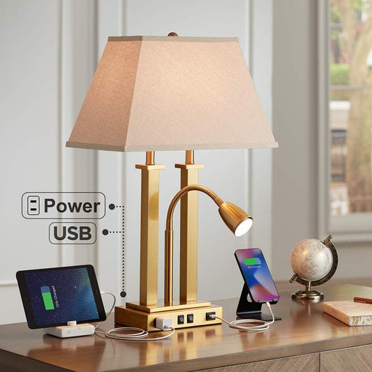 Lamps Plus Possini Euro Deacon 26" Brass Gooseneck USB Port and Outlet Desk Lamp
