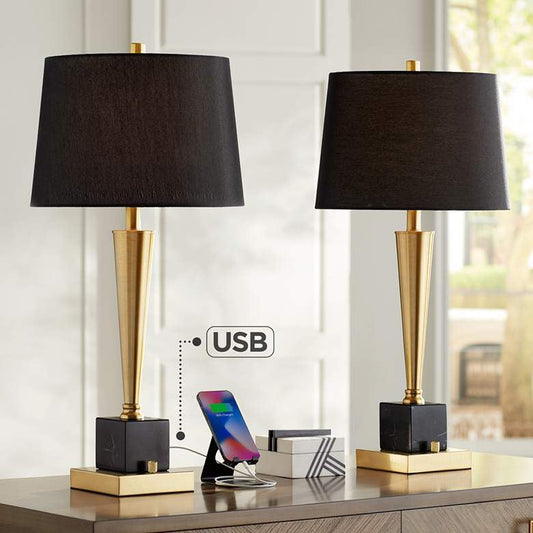 Lamps Plus Possini Euro Wayne Brass and Black Marble Lamps with USB Ports Set of 2