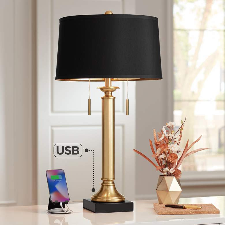 Lamps Plus Possini Euro Wynne Warm Gold and Black 2-Light Desk Lamp with Dual USB Port