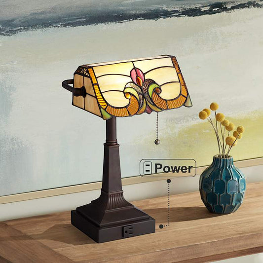 Lamps Plus Robert Louis Tiffany Fleura 17" Art Glass Banker Desk Lamp with Outlet